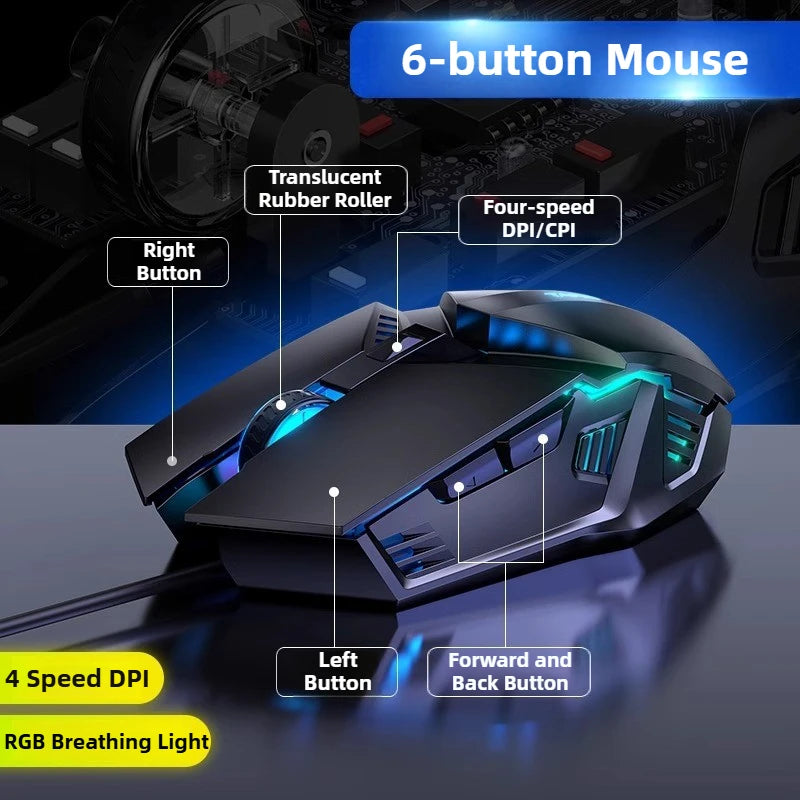 Wired Gaming Mouse Computer Mice Mechanical Silent 6 Keys USB Braided Rope 4 Speed DPI Ergonomics Mouse For PC Laptop